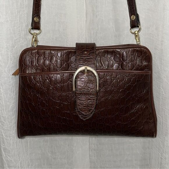 Matt Bags Croc Print Pebbled Chestnut Brown Genuine Leather Crossbody Bag - Picture 1 of 15